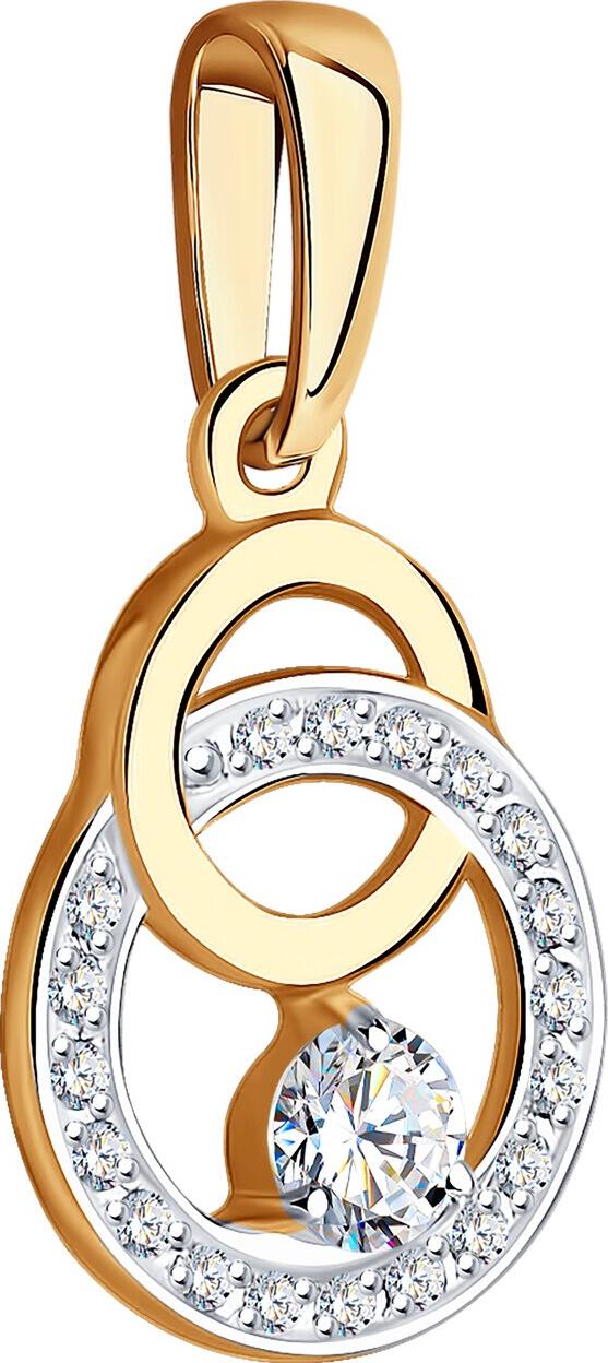 Pandantiv SOKOLOV 035664 pentru femei, Aur Roșu 585, Design Cercuri Împletite cu Cubic Zirconiu, Placare Rodiu, 21x11x4 mm