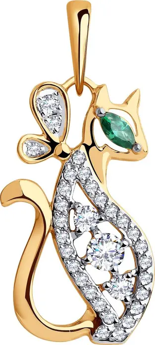Pandantiv SOKOLOV 035573 pentru femei, Aur Roșu 585, Design Pisică, Cubic Zirconiu Verde Marquise 0.061ct, 28x12x4 mm, 1.7g