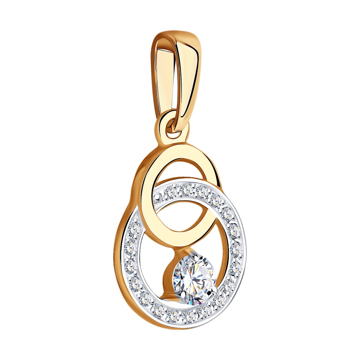 Pandantiv SOKOLOV 035664 pentru femei, Aur Roșu 585, Design Cercuri Împletite cu Cubic Zirconiu, Placare Rodiu, 21x11x4 mm