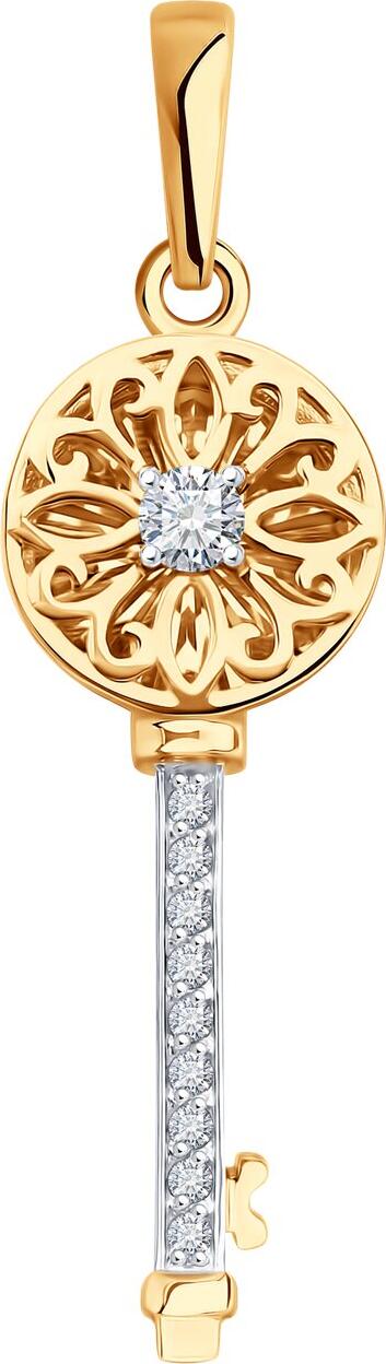 SOKOLOV 036662 Women's Key Pendant, 585 Red Gold, Round Colorless Cubic Zirconia, 1.29g, 33x9x4 mm, Rhodium Plated, Diamond Cut