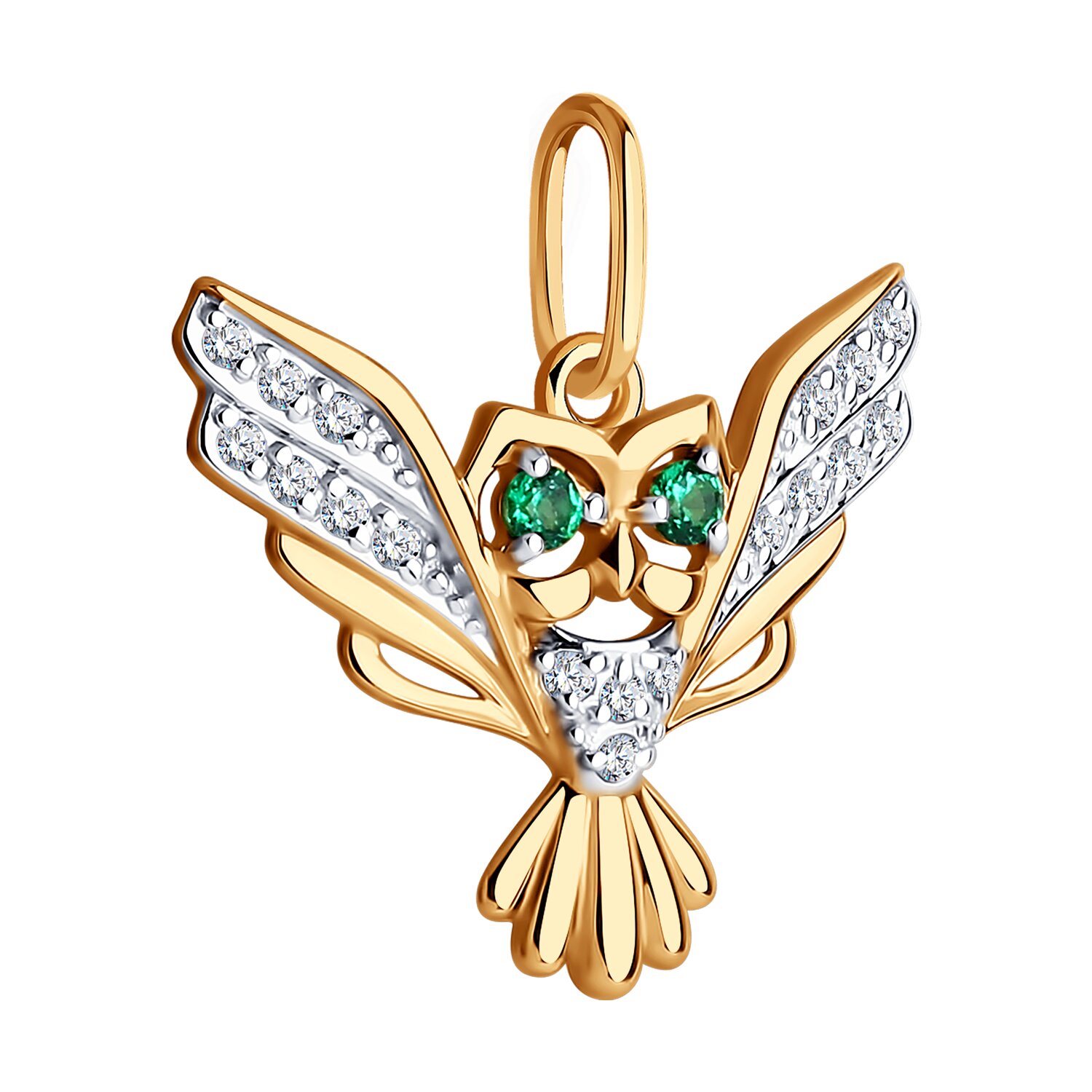 Diamant 51-130-01668-1 Women's Owl Pendant, 585 Red Gold, Colorless and Green Cubic Zirconia Inserts, 1.09g, 18x17x3 mm
