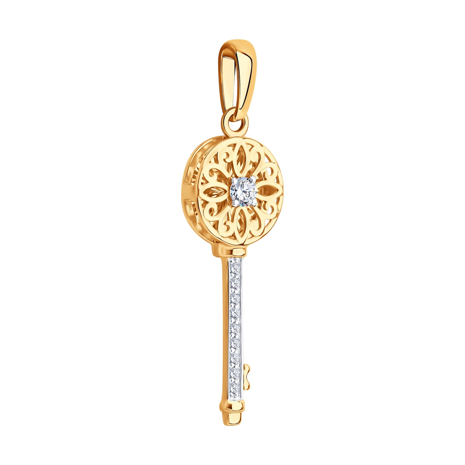 SOKOLOV 036662 Women's Key Pendant, 585 Red Gold, Round Colorless Cubic Zirconia, 1.29g, 33x9x4 mm, Rhodium Plated, Diamond Cut