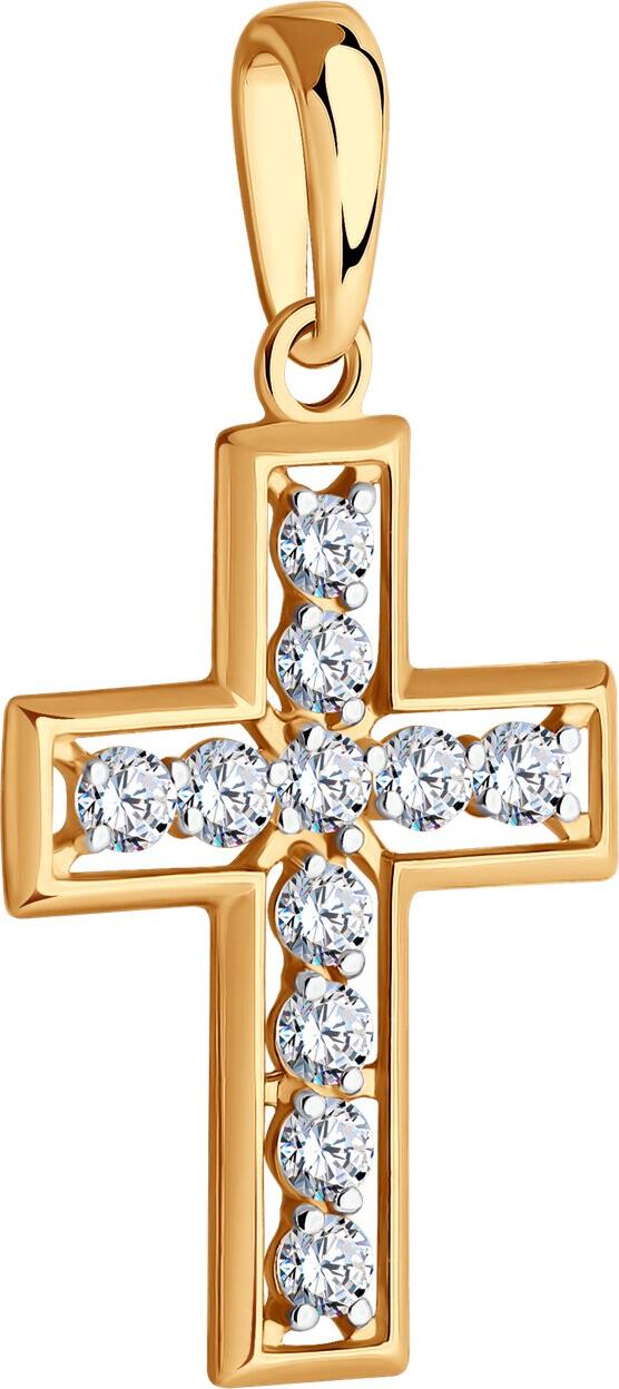 Pandantiv Cruce Diamant 51-130-02101-1 pentru femei, Aur Roșu 585, Zirconiu Cubic Incolor 0.721 ct, 27x14x4 mm, Stil Clasic