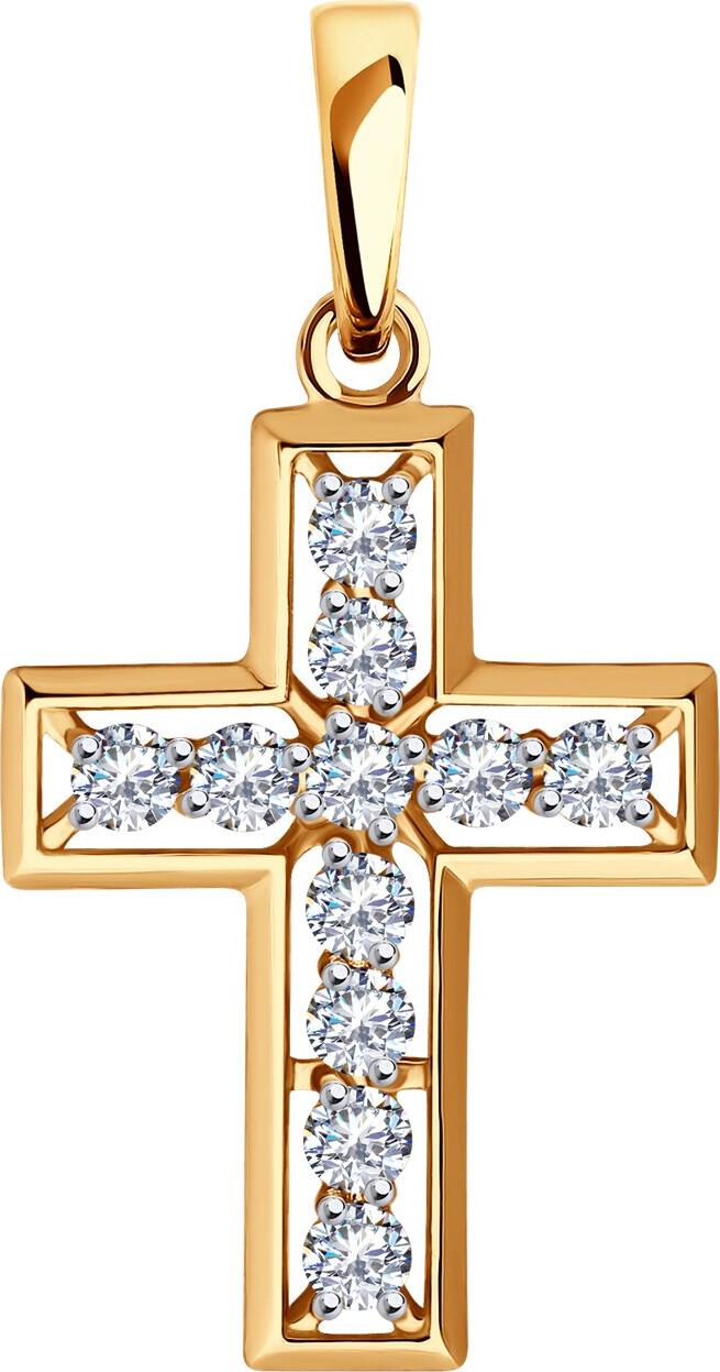 Pandantiv Cruce Diamant 51-130-02101-1 pentru femei, Aur Roșu 585, Zirconiu Cubic Incolor 0.721 ct, 27x14x4 mm, Stil Clasic
