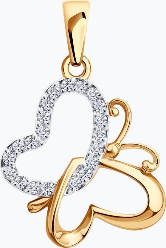 SOKOLOV 036819 Women's Pendant, 585 Red Gold with Rhodium Coating, Heart and Butterfly Motif, 21 Colorless Cubic Zirconia 0.2ct, 22x14x3 mm