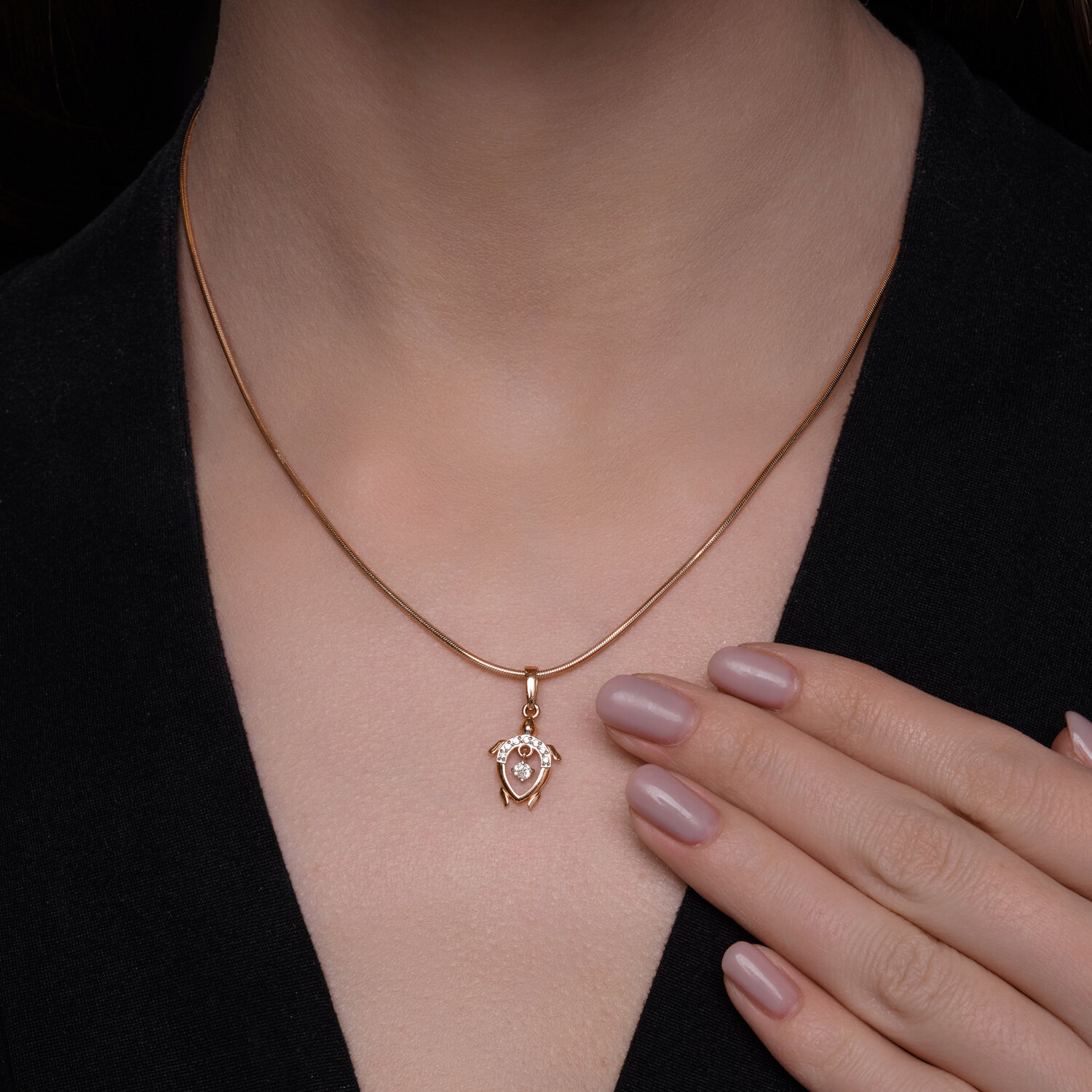 SOKOLOV 036637 Women's Turtle Pendant, 585 Red Gold, Colorless Cubic Zirconia Inserts, 21mm Height, 0.93g Weight