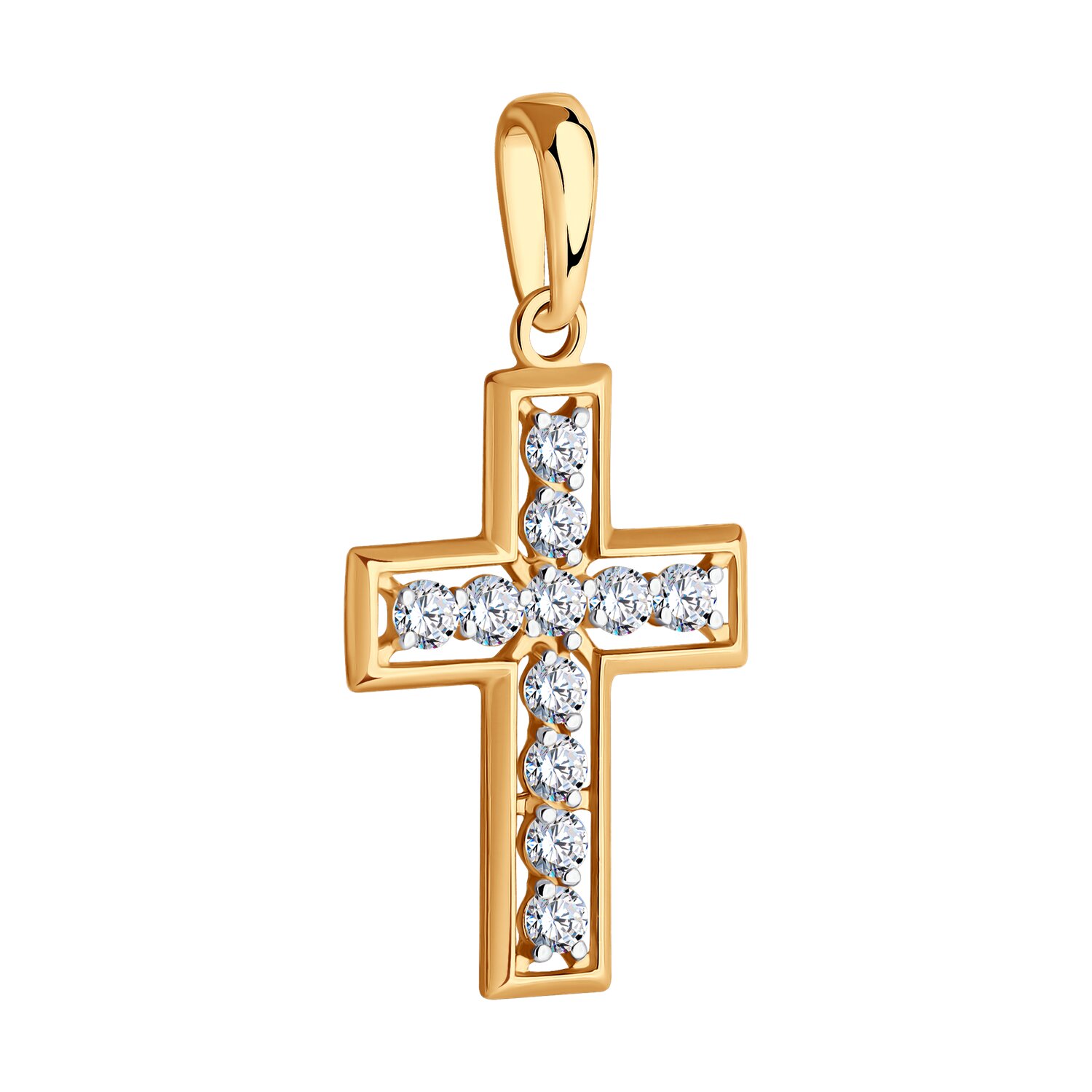 Pandantiv Cruce Diamant 51-130-02101-1 pentru femei, Aur Roșu 585, Zirconiu Cubic Incolor 0.721 ct, 27x14x4 mm, Stil Clasic