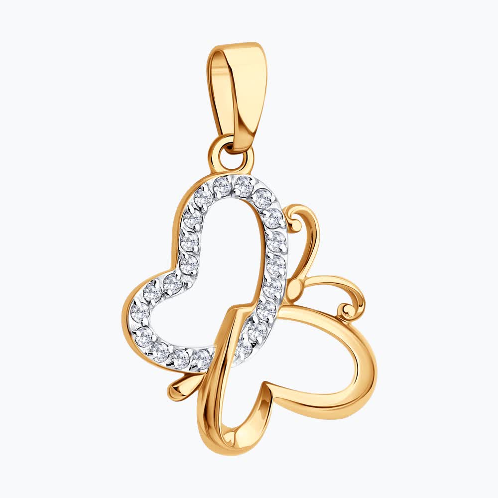 SOKOLOV 036819 Women's Pendant, 585 Red Gold with Rhodium Coating, Heart and Butterfly Motif, 21 Colorless Cubic Zirconia 0.2ct, 22x14x3 mm