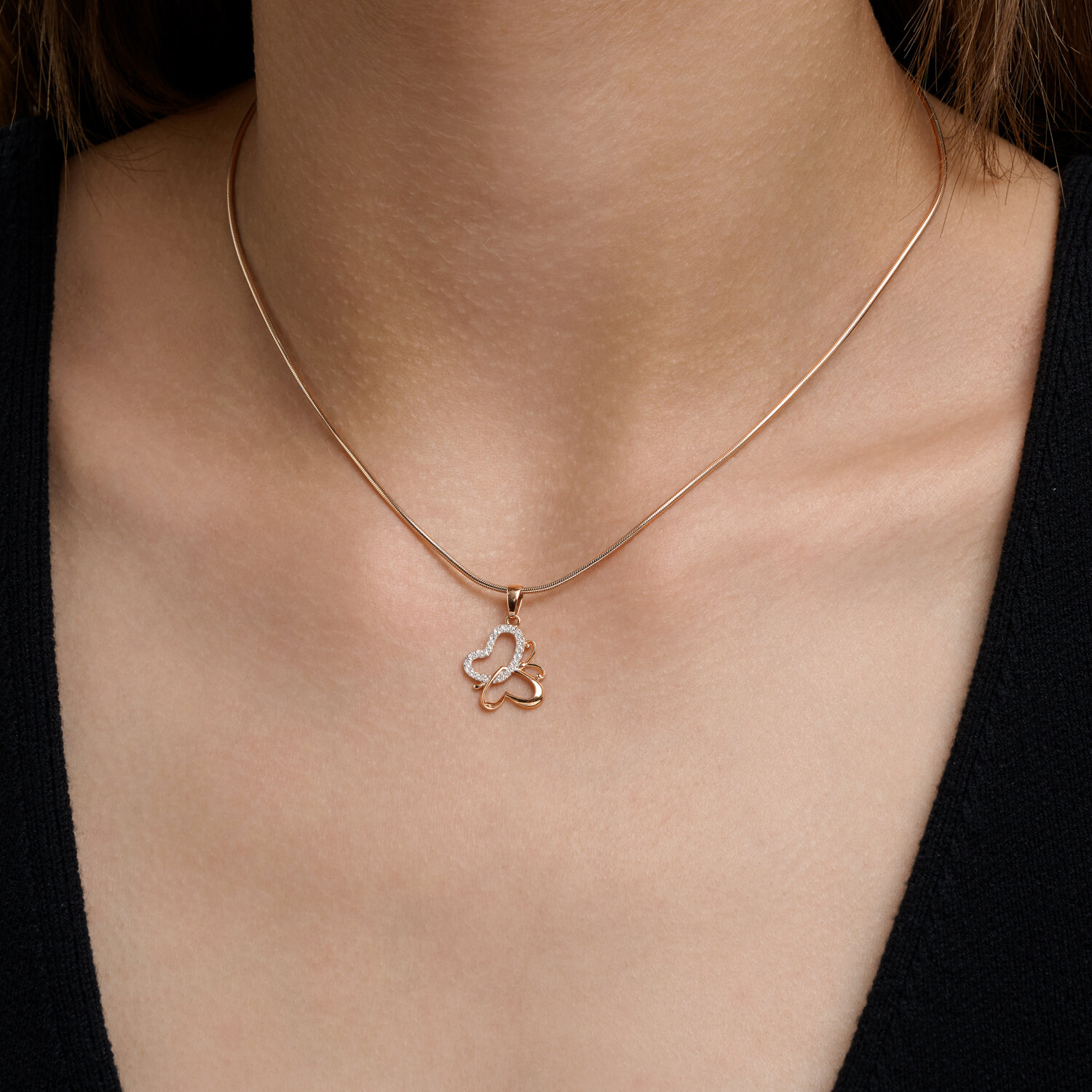SOKOLOV 036819 Women's Pendant, 585 Red Gold with Rhodium Coating, Heart and Butterfly Motif, 21 Colorless Cubic Zirconia 0.2ct, 22x14x3 mm