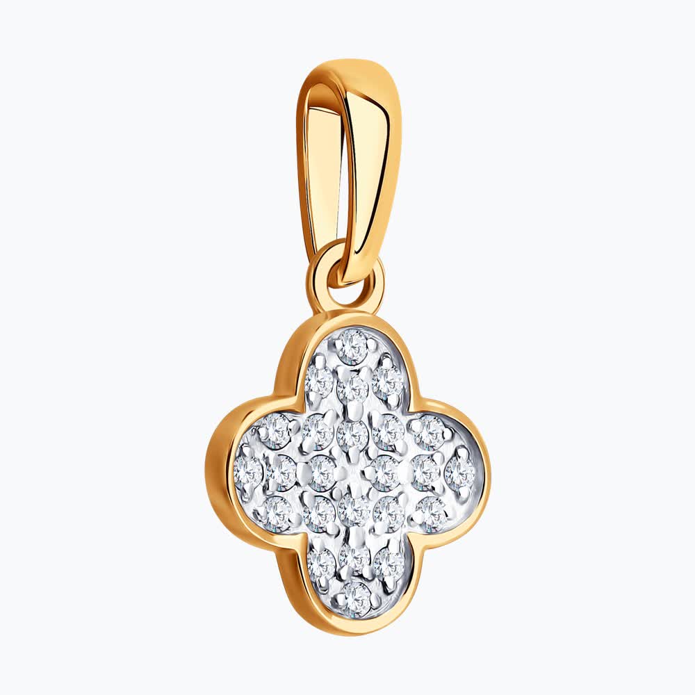 SOKOLOV 036711 Women's Clover-Shaped Pendant, 585 Red Gold, Rhodium Plated, 24 Round Colorless Cubic Zirconia 0.228 ct, 17x9x4 mm, 0.71 g