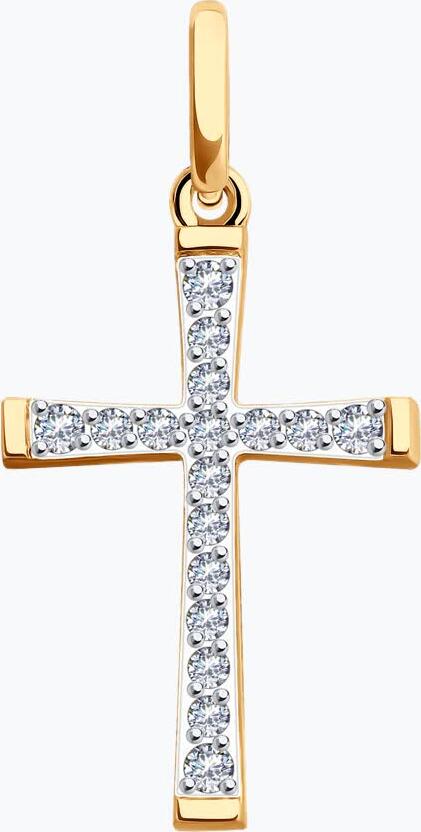 Pandantiv Cruce Diamant 51-130-02324-1 pentru femei, Aur Roșu 585, 13 Zirconii Cubice Rotunde Incolore, 0.215 Carate, 27x14x2 mm