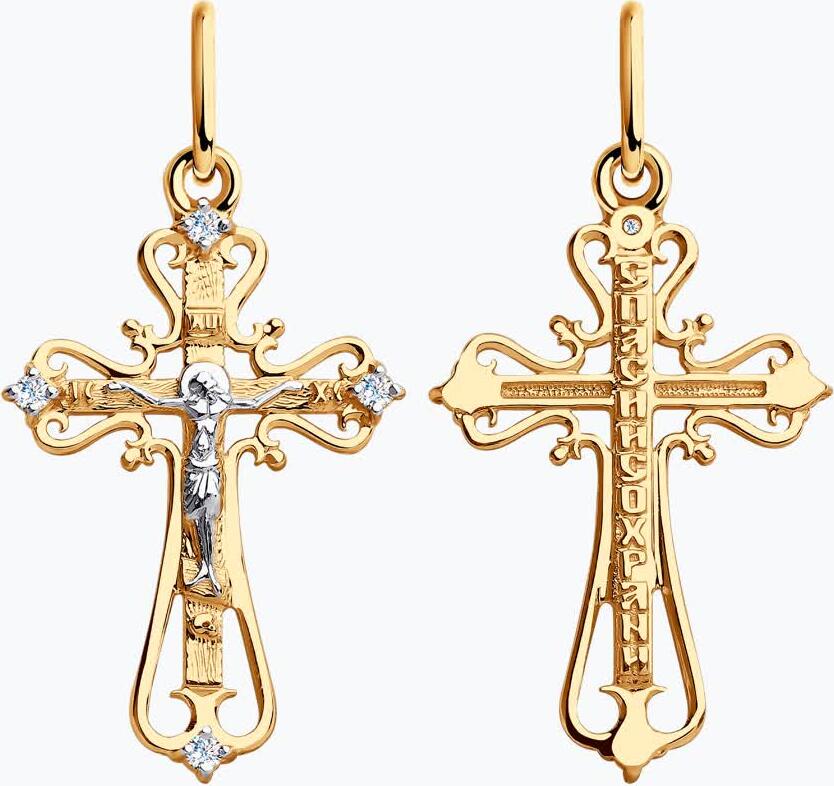 Pandantiv Cruce Diamant Blagovest 51-131-00373-1, Aur Roșu 585 cu Zirconiu Cubic Incolor, Placare cu Rodiu, 27x14x4 mm, pentru femei și copii