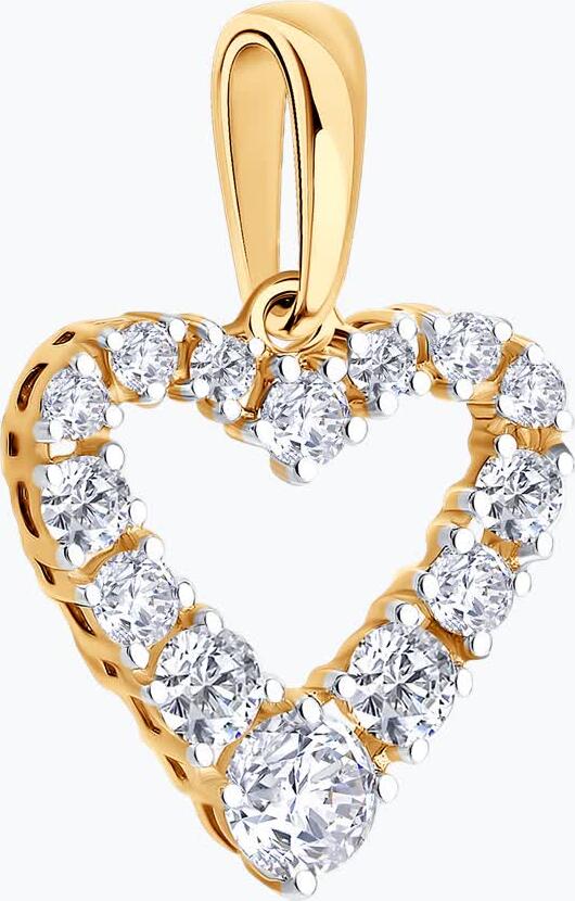 SOKOLOV 036714 Women's Heart-Shaped Open Pendant, 585 Red Gold with Rhodium Coating, Round Colorless Cubic Zirconia 0.174 ct, 18x13x2 mm, 0.96 g