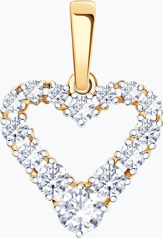 SOKOLOV 036714 Women's Heart-Shaped Open Pendant, 585 Red Gold with Rhodium Coating, Round Colorless Cubic Zirconia 0.174 ct, 18x13x2 mm, 0.96 g