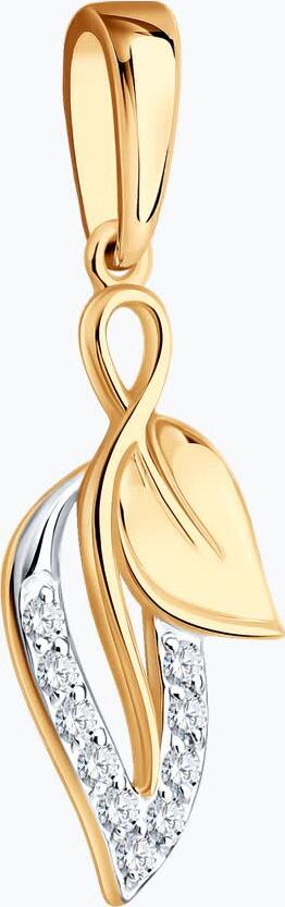 SOKOLOV 036871 Women's Leaf-Shaped Pendant, 585 Red Gold and White Metal Accents, 10 Round Colorless Cubic Zirconia, 23x8x2 mm, 0.73g