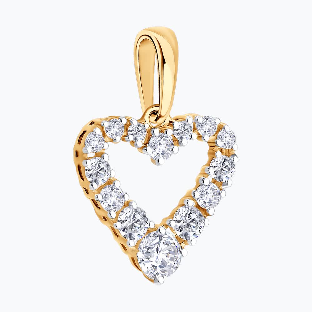SOKOLOV 036714 Women's Heart-Shaped Open Pendant, 585 Red Gold with Rhodium Coating, Round Colorless Cubic Zirconia 0.174 ct, 18x13x2 mm, 0.96 g