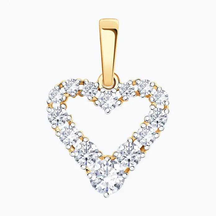 SOKOLOV 036714 Women's Heart-Shaped Open Pendant, 585 Red Gold with Rhodium Coating, Round Colorless Cubic Zirconia 0.174 ct, 18x13x2 mm, 0.96 g