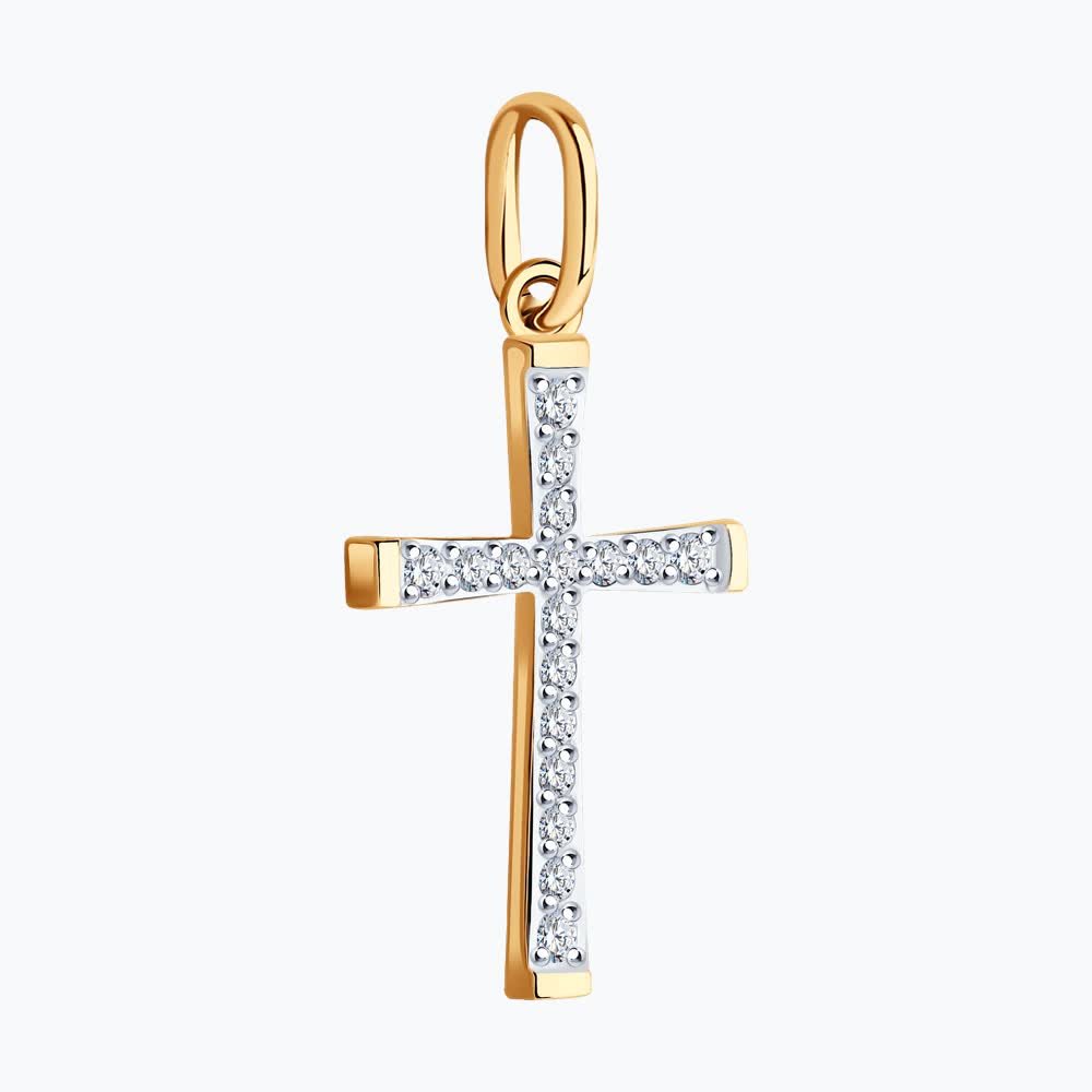 Pandantiv Cruce Diamant 51-130-02324-1 pentru femei, Aur Roșu 585, 13 Zirconii Cubice Rotunde Incolore, 0.215 Carate, 27x14x2 mm