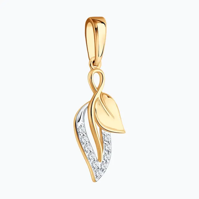 SOKOLOV 036871 Women's Leaf-Shaped Pendant, 585 Red Gold and White Metal Accents, 10 Round Colorless Cubic Zirconia, 23x8x2 mm, 0.73g