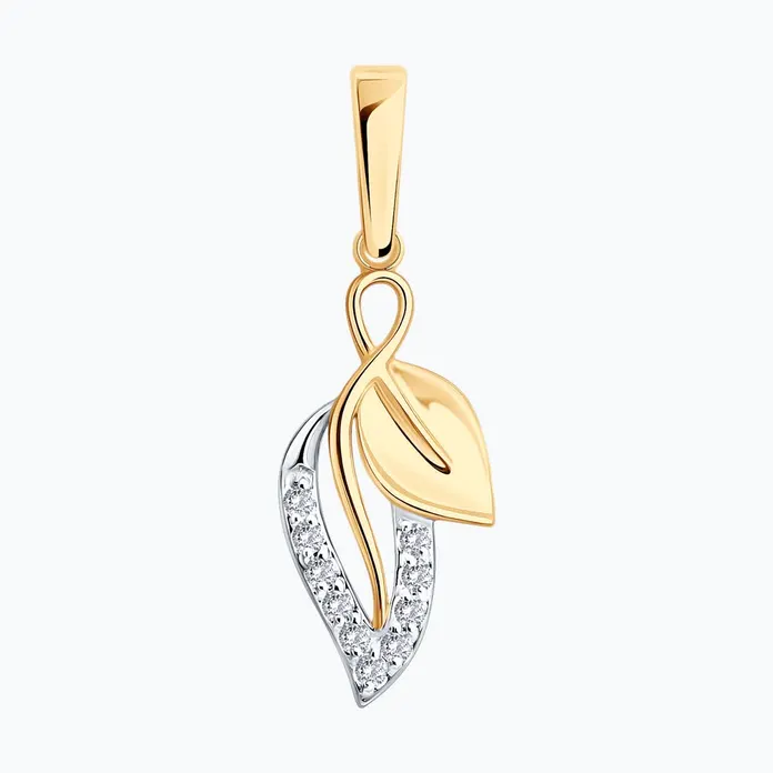 SOKOLOV 036871 Women's Leaf-Shaped Pendant, 585 Red Gold and White Metal Accents, 10 Round Colorless Cubic Zirconia, 23x8x2 mm, 0.73g