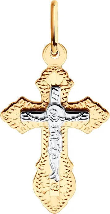 Diamant Blagovest Children's Orthodox Cross Pendant, 585 Combined Gold, Yellow and White Rhodium Plated, Engraved, 0.73g, Art. 51-131-01393-1