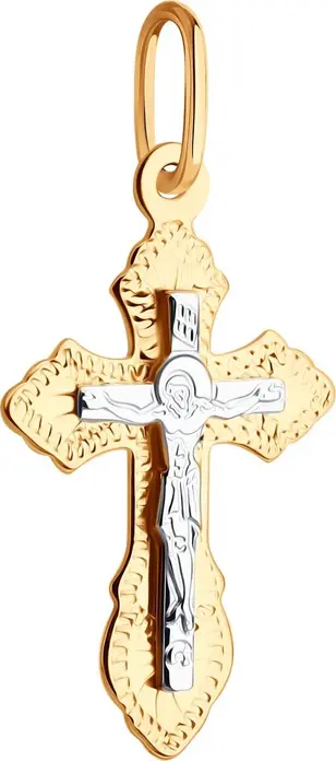 Diamant Blagovest Children's Orthodox Cross Pendant, 585 Combined Gold, Yellow and White Rhodium Plated, Engraved, 0.73g, Art. 51-131-01393-1