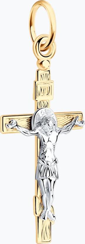 Diamant Blagovest Orthodox Cross Pendant 51-131-01382-1, Combined 585 Yellow and White Gold, 1.2g, with Figure of Jesus Christ and Decorative Engravings