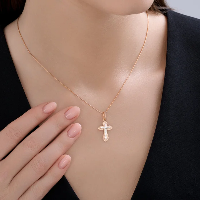 Diamant Blagovest Children's Orthodox Cross Pendant, 585 Combined Gold, Yellow and White Rhodium Plated, Engraved, 0.73g, Art. 51-131-01393-1