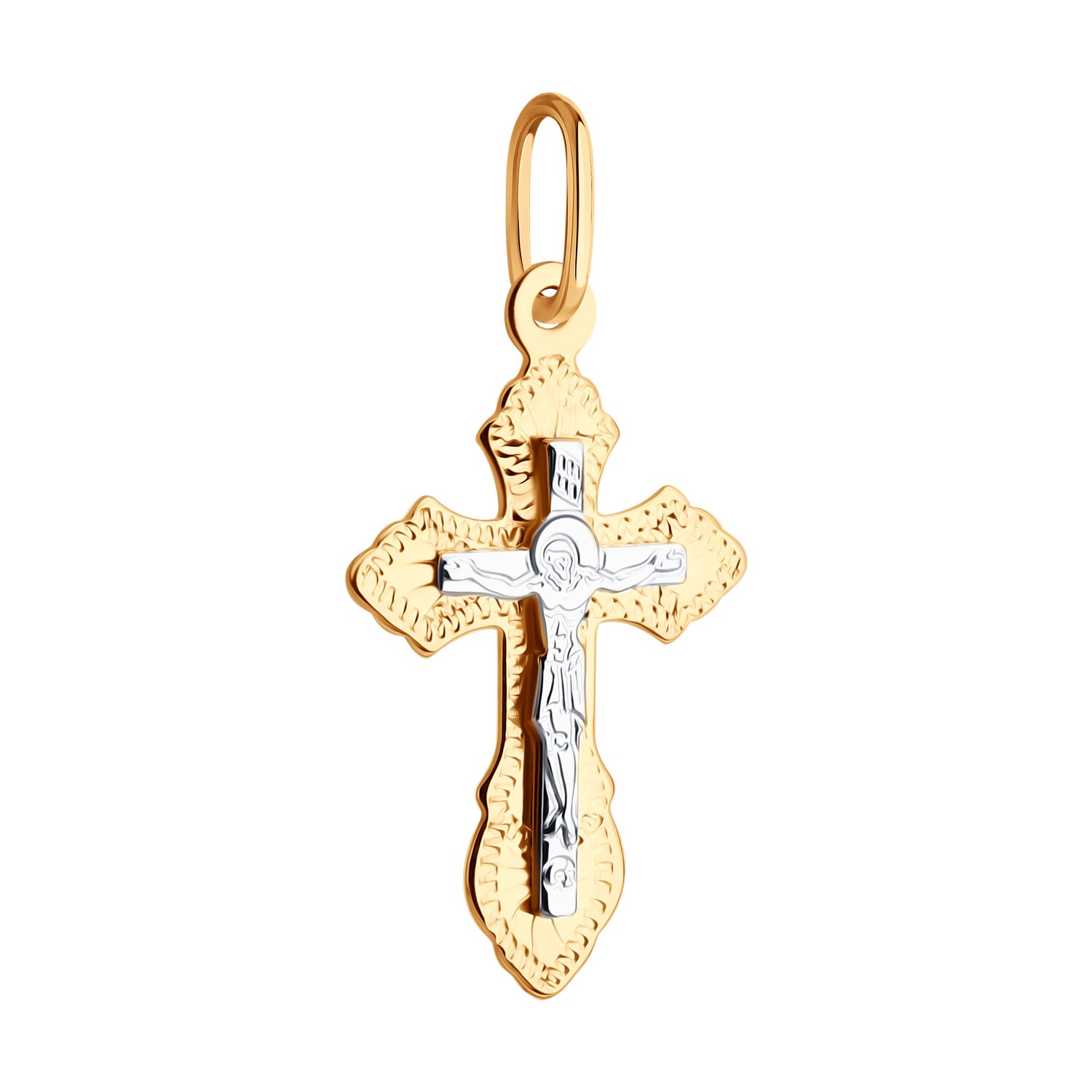 Diamant Blagovest Children's Orthodox Cross Pendant, 585 Combined Gold, Yellow and White Rhodium Plated, Engraved, 0.73g, Art. 51-131-01393-1