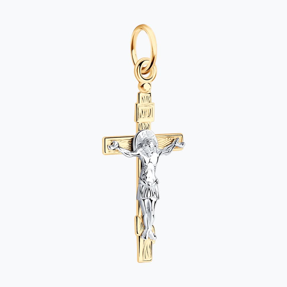 Diamant Blagovest Orthodox Cross Pendant 51-131-01382-1, Combined 585 Yellow and White Gold, 1.2g, with Figure of Jesus Christ and Decorative Engravings