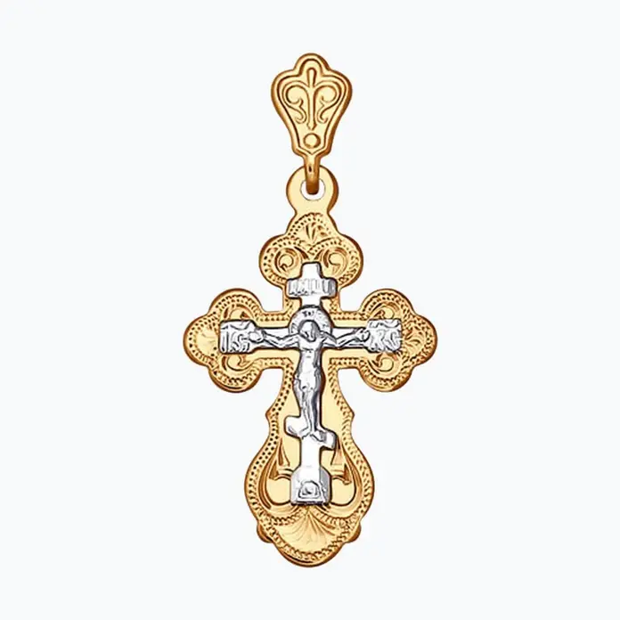 Diamant Blagovest Orthodox Cross Pendant 51-131-01396-1, 585 Combined Yellow and White Gold, 1.22g, for Women and Children