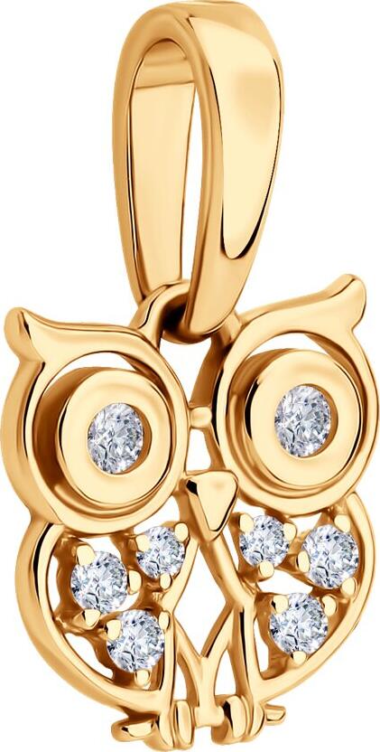 Pandantiv SOKOLOV 036673 pentru femei, model bufniță, aur roșu 585, zirconiu cubic colorless rotund 0.07 ct, 15x9x4 mm, 0.72 g