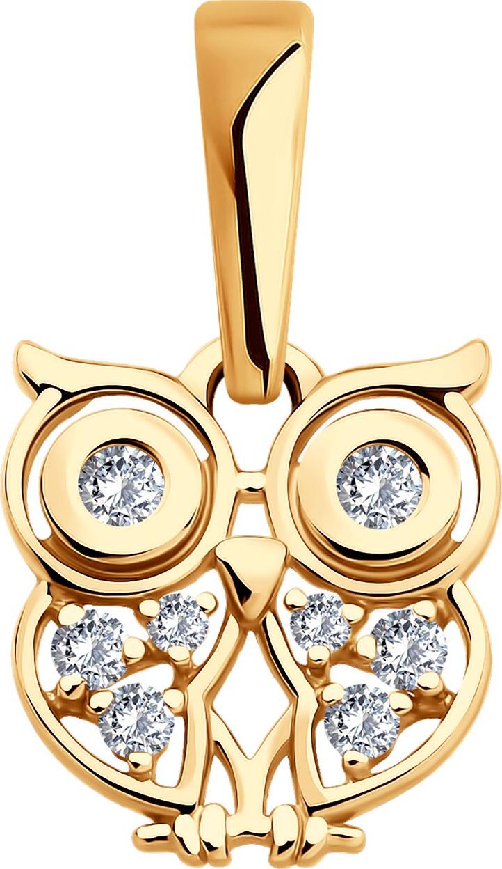 Pandantiv SOKOLOV 036673 pentru femei, model bufniță, aur roșu 585, zirconiu cubic colorless rotund 0.07 ct, 15x9x4 mm, 0.72 g
