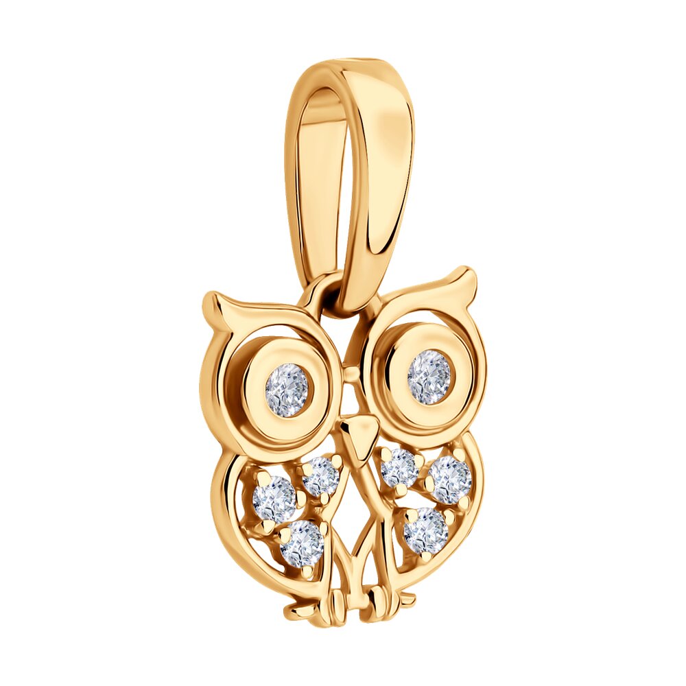 Pandantiv SOKOLOV 036673 pentru femei, model bufniță, aur roșu 585, zirconiu cubic colorless rotund 0.07 ct, 15x9x4 mm, 0.72 g