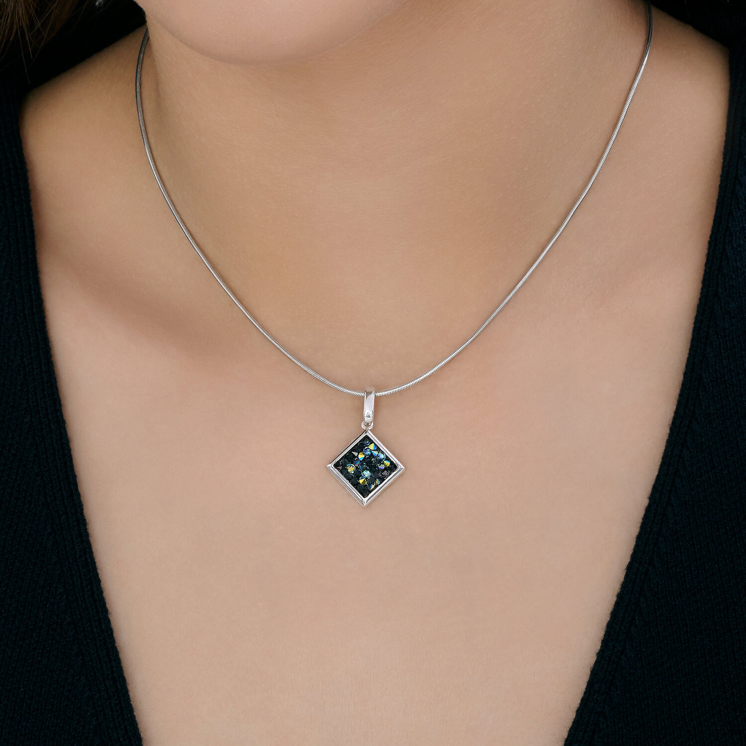 Diamant 94-130-00098-2 Women's Decorative Pendant, 925 Sterling Silver Rhodium-plated with Black Cubic Zirconia, Square Diamond Shape, 27x18x3 mm, 2.28 g