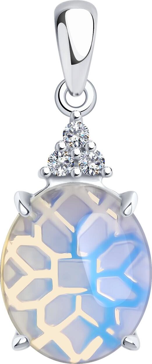 Diamant 94-330-01837-1 Women's 925 Sterling Silver Rhodium Plated Pendant with Round Opalite and Cubic Zirconia Accents, 24mm, 1.75g