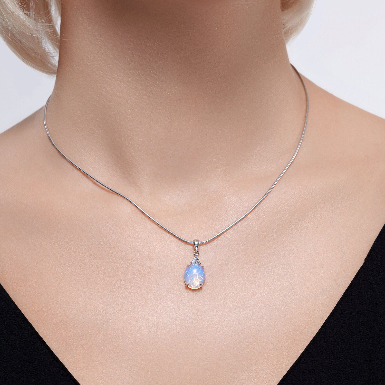 Diamant 94-330-01837-1 Women's 925 Sterling Silver Rhodium Plated Pendant with Round Opalite and Cubic Zirconia Accents, 24mm, 1.75g