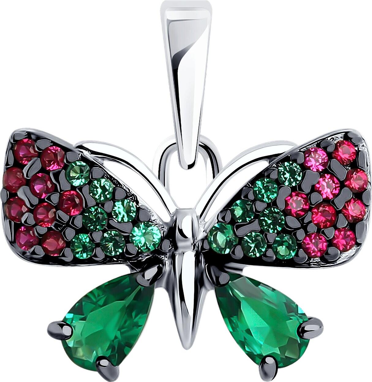 Bijuterie Fluture SOKOLOV 94033099, Argint 925 Placat cu Rodiu, Corund și Zirconiu Cubic Verde și Roșu, 12 Pietre, 1.02g, Accesoriu pentru femei