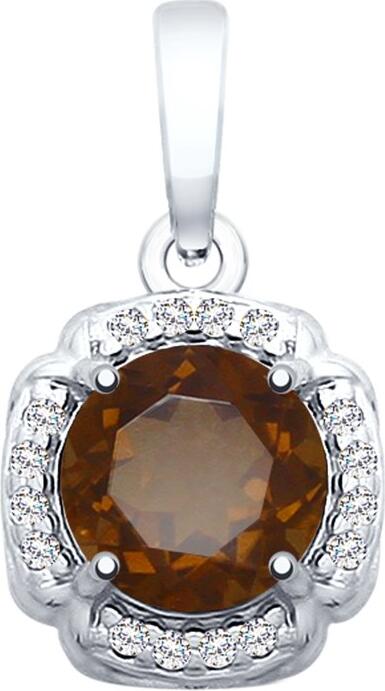 SOKOLOV 92030472 Women's Round Pendant, 925 Sterling Silver Rhodium Plated, Smoky Quartz 1.188 ct and Cubic Zirconia 0.144 ct, Brown