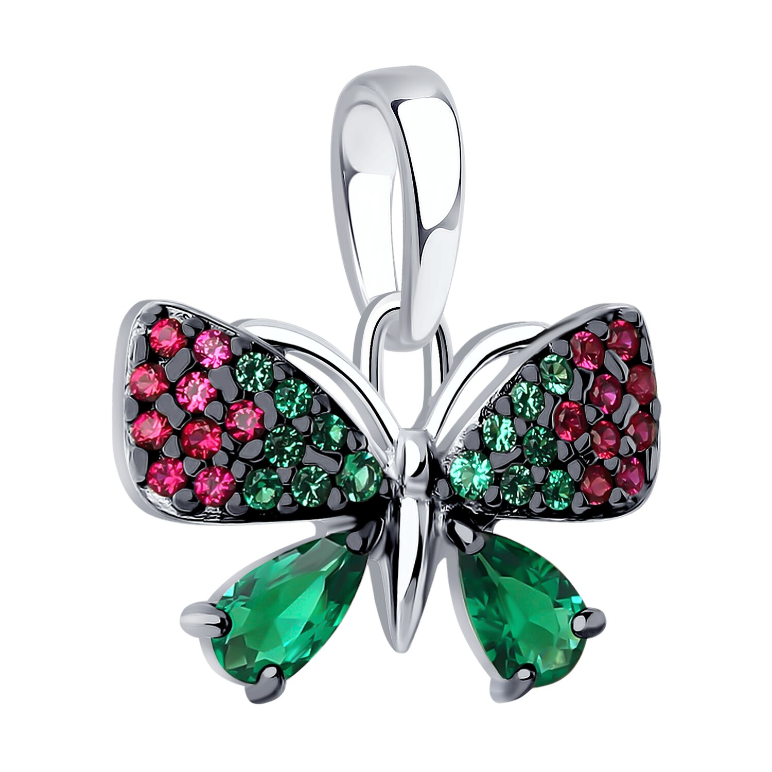 Bijuterie Fluture SOKOLOV 94033099, Argint 925 Placat cu Rodiu, Corund și Zirconiu Cubic Verde și Roșu, 12 Pietre, 1.02g, Accesoriu pentru femei