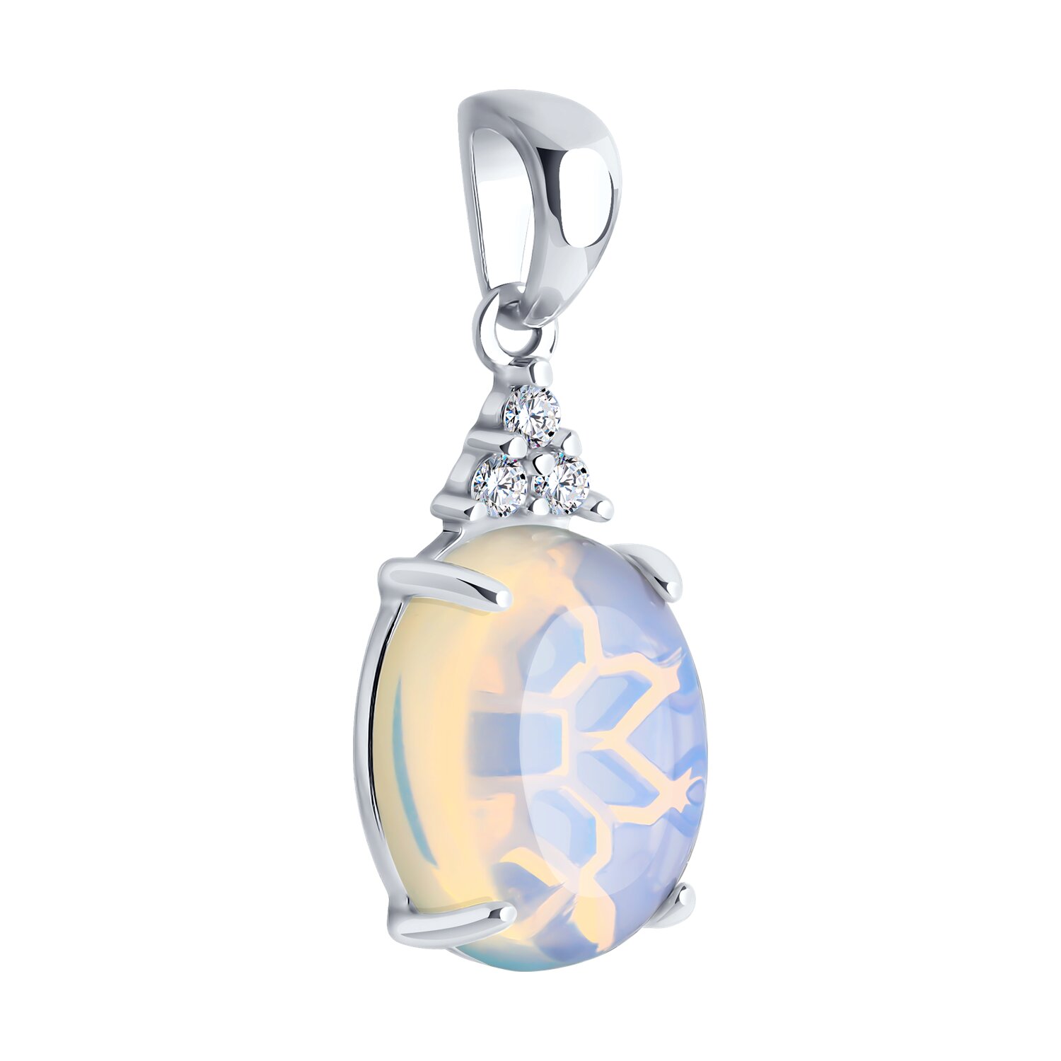 Diamant 94-330-01837-1 Women's 925 Sterling Silver Rhodium Plated Pendant with Round Opalite and Cubic Zirconia Accents, 24mm, 1.75g