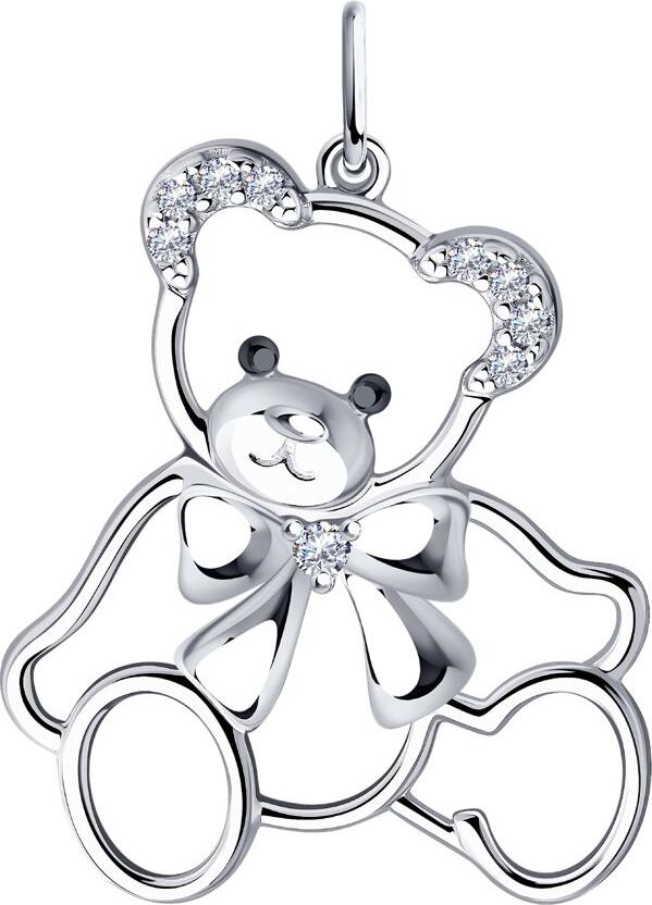 SOKOLOV 94-130-00777-1 Children's Teddy Bear with Bow Pendant, 925 Sterling Silver, Colorless Cubic Zirconia, 30x21x4 mm, 1.79g