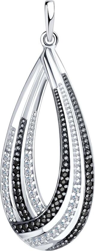 SOKOLOV 94-130-00778-1 Women's Silver 925 Teardrop Jewelry with Intersecting Curved Bands of Round Cubic Zirconia, Colorless and Black, 41x15x4mm