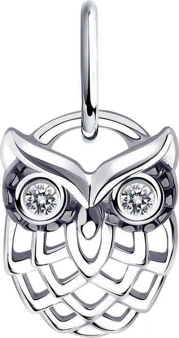 Diamant 94-130-01084-1 Present Collection Owl Pendant, 925 Sterling Silver Rhodium Plated, 1.5mm Round Colorless Cubic Zirconia, Women's Jewelry