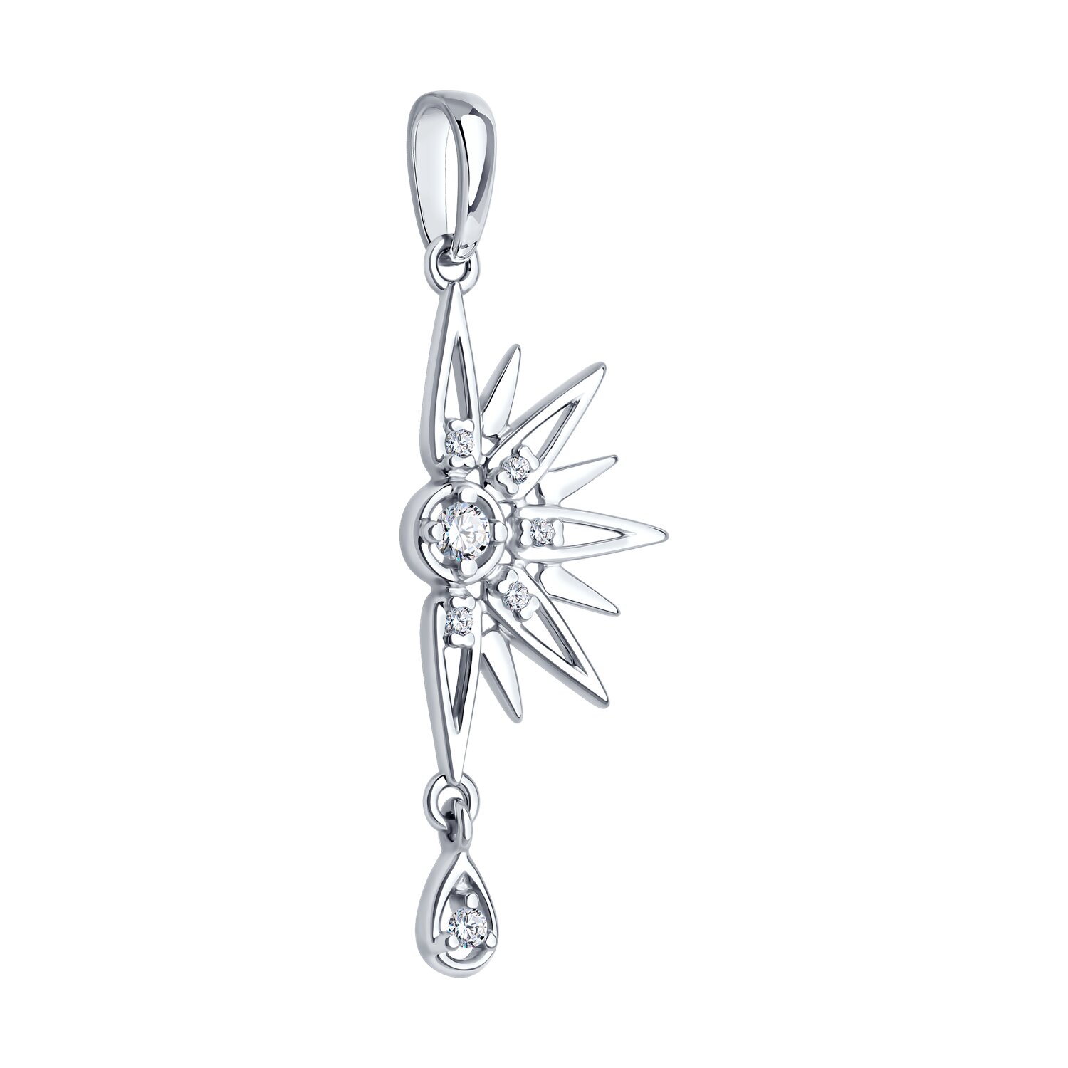Diamant 94-130-02103-1 Women's Pendant, 925 Sterling Silver Rhodium Plated, Round Colorless Cubic Zirconia, Star Sunburst Design, 37x13x3 mm