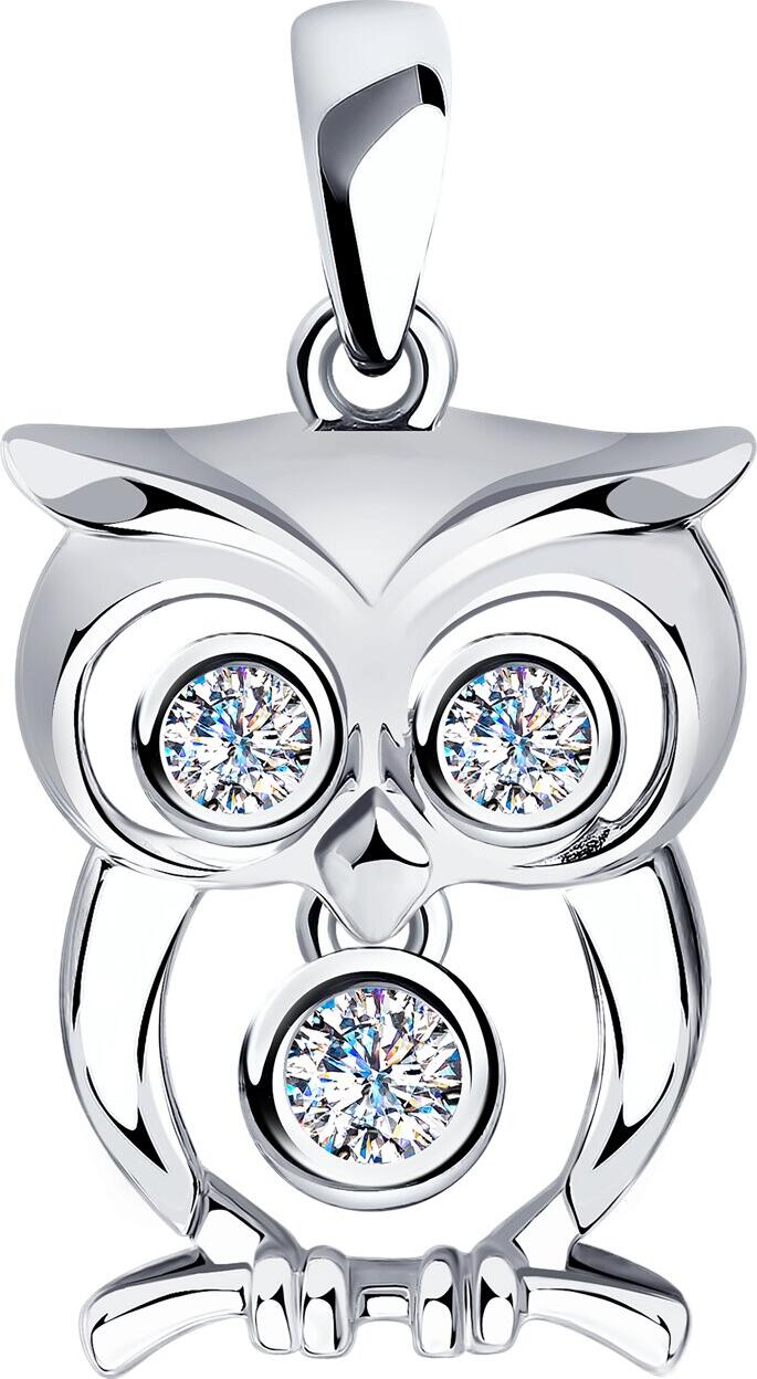 Pandantiv SOKOLOV 94032438 Bufniță pentru femei, Argint 925 placat cu rodiu, cu Zirconiu Cubic rotund incolor 2.5mm, 0.245 ct, 1.95g