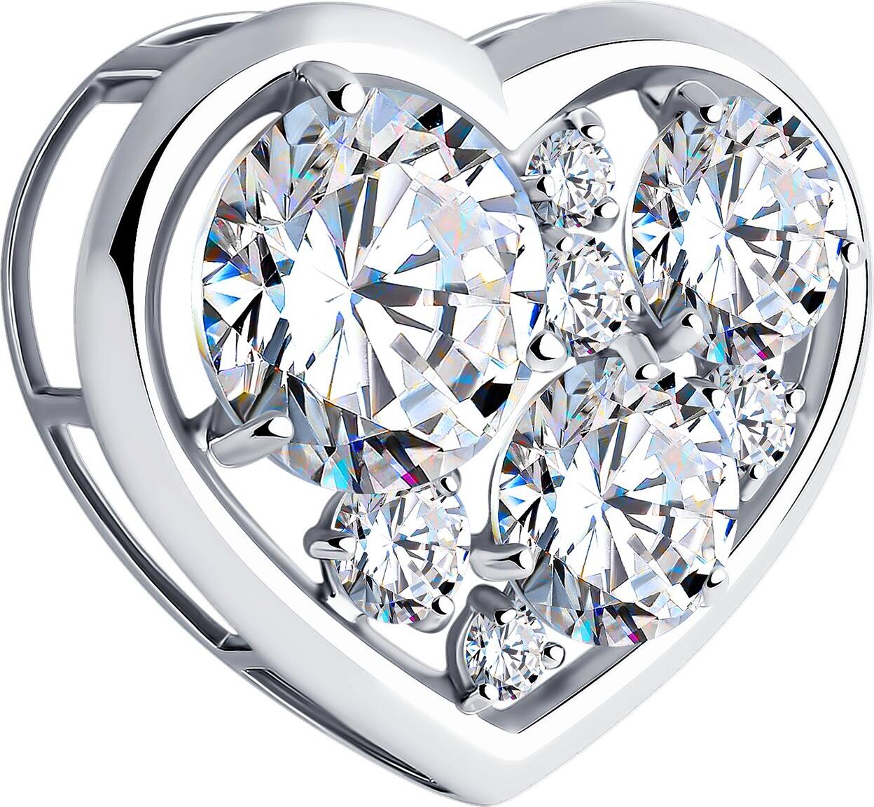 SOKOLOV 94030103 Heart-Shaped Pendant, 925 Sterling Silver Rhodium Plated, Round Colorless Cubic Zirconia 0.317 ct, SKLV Collection for Women