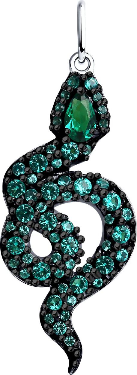 SOKOLOV 94032761 Women's Snake Pendant, 925 Sterling Silver Rhodium Plated with Green Round Cubic Zirconia, 36x14x4 mm, 2.42g