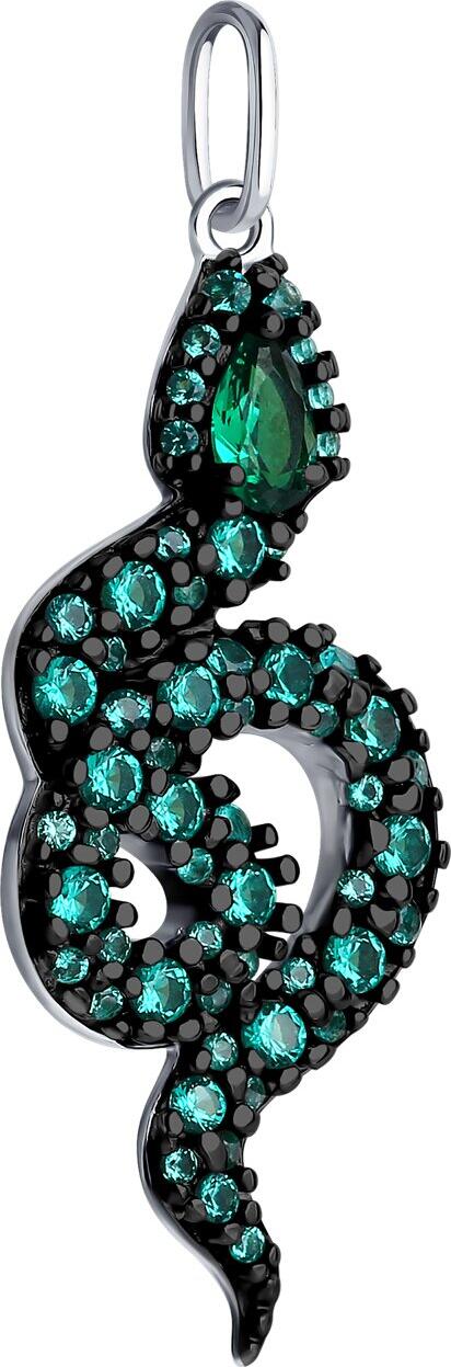 SOKOLOV 94032761 Women's Snake Pendant, 925 Sterling Silver Rhodium Plated with Green Round Cubic Zirconia, 36x14x4 mm, 2.42g