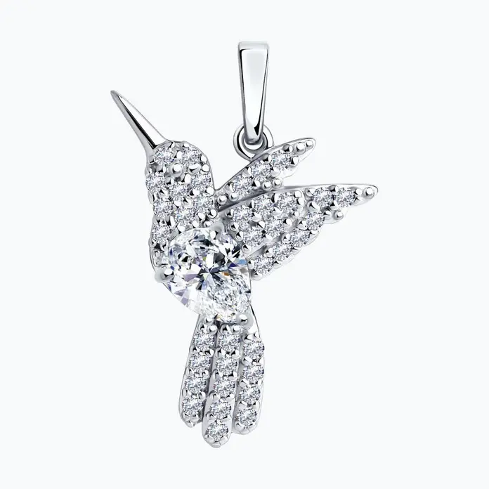 Diamant 94-130-00672-2 Hummingbird Pendant, 925 Sterling Silver Rhodium-Plated, Colorless Cubic Zirconia, 26mm Total Length, Women's Classic Jewelry